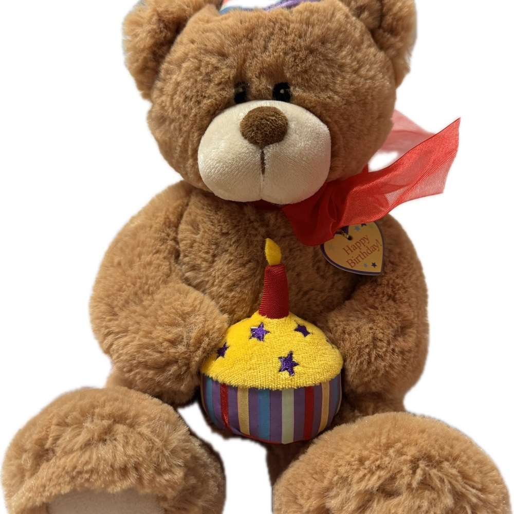 Happy Birthday Cuddly Brown Teddy Bear with Yellow Cupcake